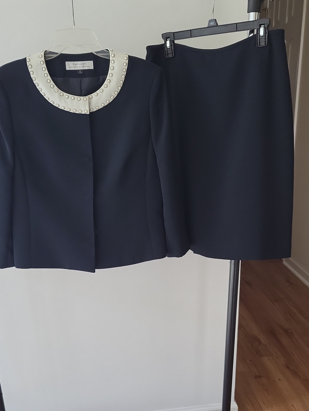 T Tahari Navy Pencil Skirt with Pearl-Trim Jacket Set